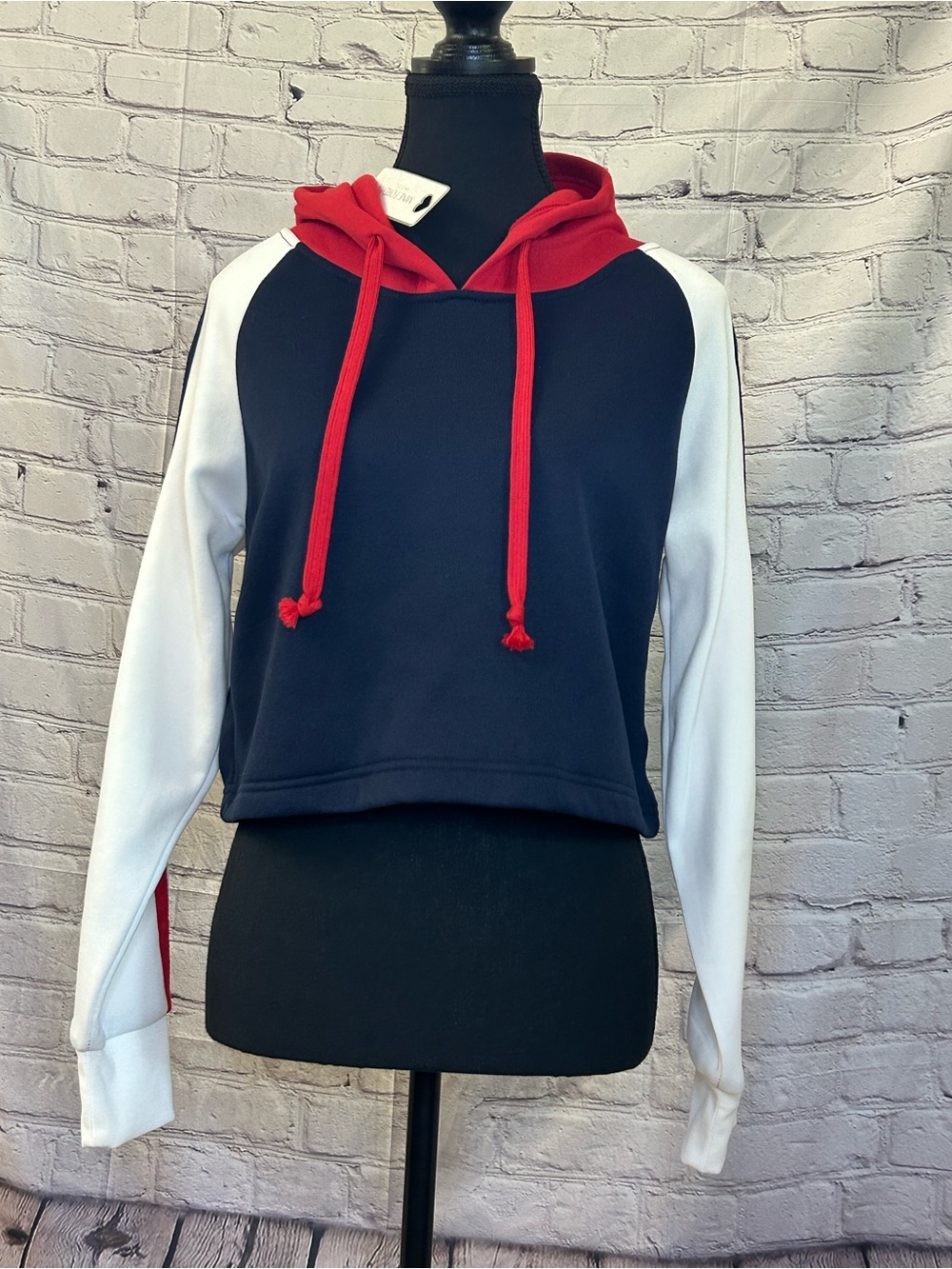 Navy, White & Red Colorblock Cropped Hoodie